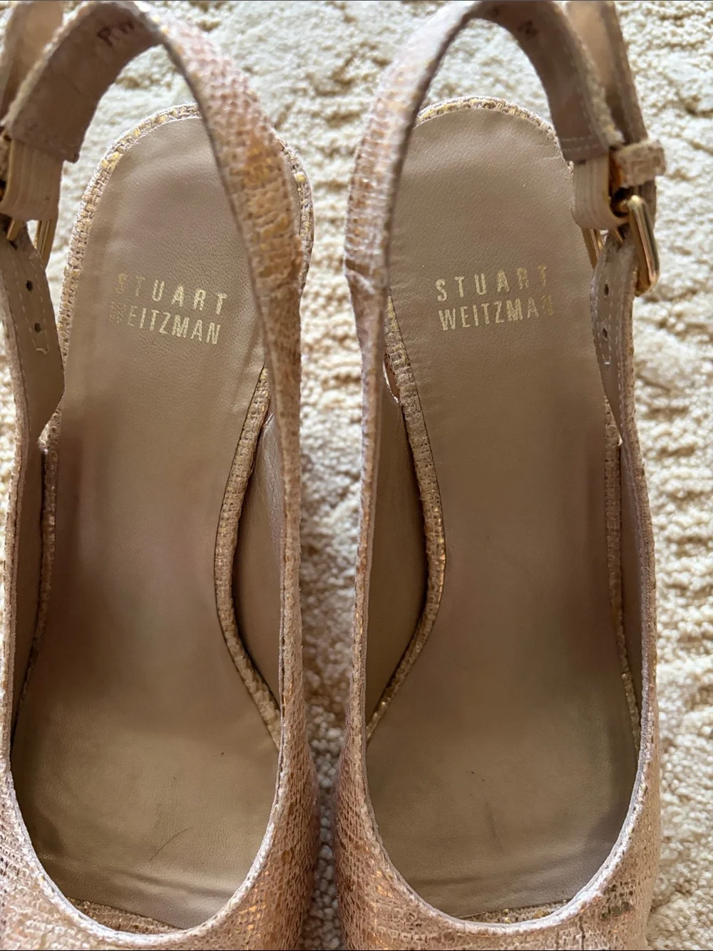 Stuart Weitzman Gold Cork Wedge Slingback Peep-Toe Sandals